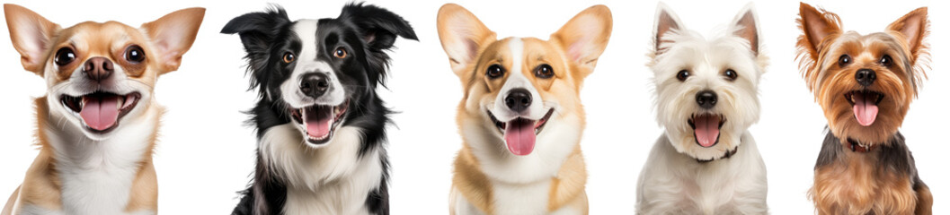 Bundle of five portraits of happy dogs, chihuahua, border collie, corgie, highland terrier, yorkshire terrier, animal collection isolated on a white background as transparent PNG
