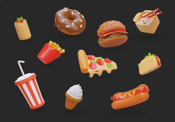 3d realistic set of tasty fast food on black background. Collection of street food. Pizza with sausage, burger with meat, sweet chocolate donut and ice cream. Vector illustration