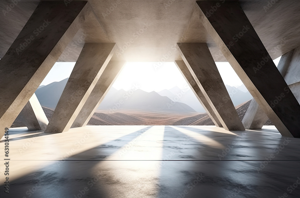Aufkleber architecture empty room with window and mountain background with sunlight