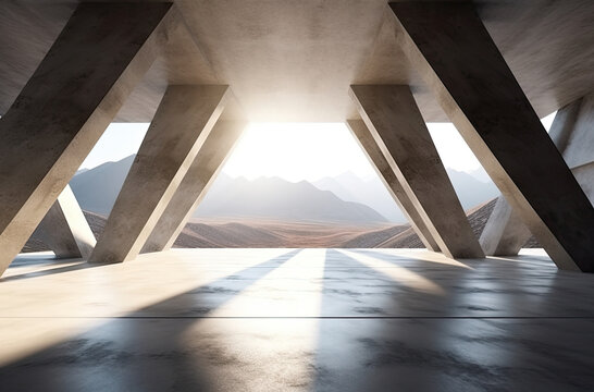 architecture empty room with window and mountain background with sunlight