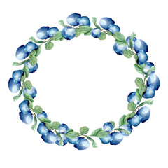 Blueberries hand drawn watercolor illustration. Bleberries wreath isolated on white background
