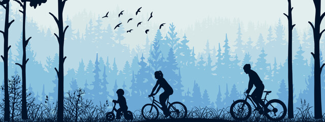 Active family cycling in forest. Mother, father, child, blue silhouette horizontal illustration. Healthy lifestyle outdoor activities. Recreation. Banner. 