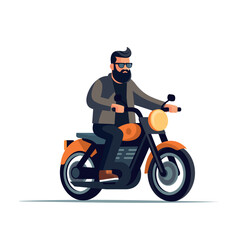 Picture of cool biker character riding a motorbike. Man rides a retro motorcycle. Flat style illustration