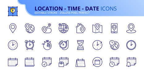 Simple set of outline icons about location, time and date