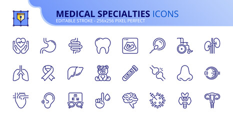 Simple set of outline icons about medical specialties. Health care - 631034772
