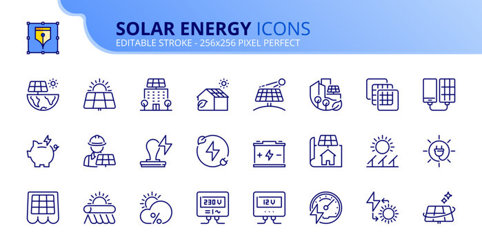 Simple set of outline icons about solar energy