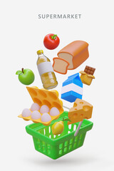 Vertical poster for supermarket. Shopping basket with collection of different products. Dairy produce, oil, cheese, bread for sandwich and fruits. Vector illustration with place for text