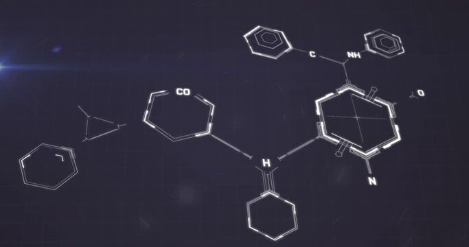 Animation of molecular structure with chemical formulas over black background
