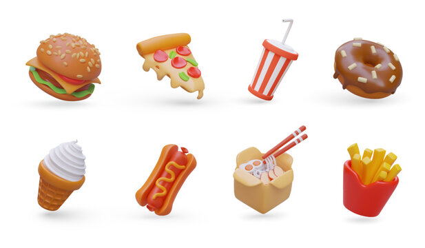 3d realistic collection with different fast food products. Concept of eating pizza or burger. Tasty hot dog and French fries, cold ice cream and chocolate donut. Chinese lunch with noodles. Vector