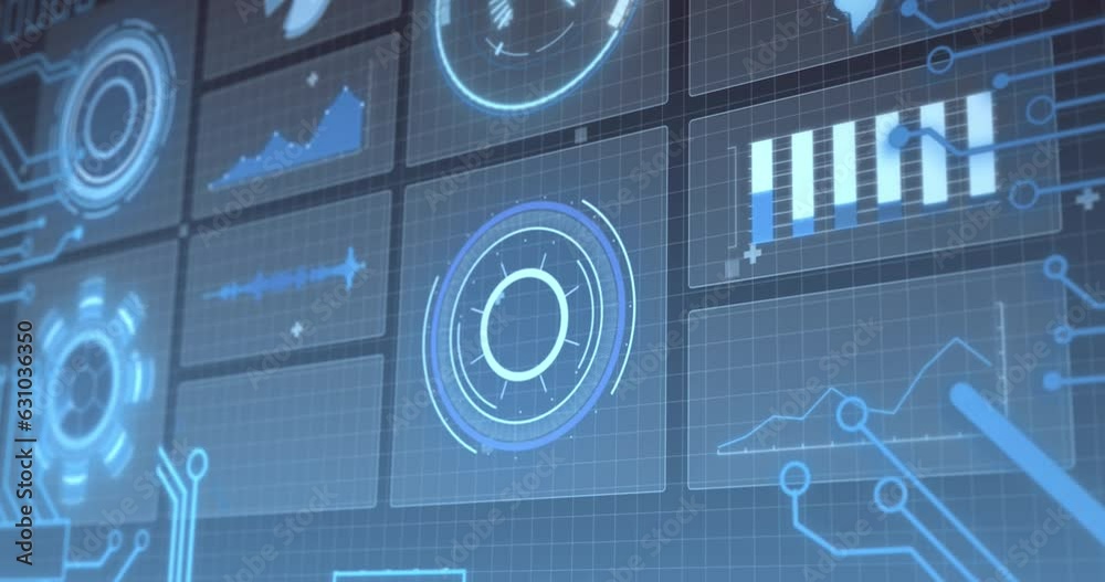 Poster animation of hud screens with multiple graphs over grid pattern