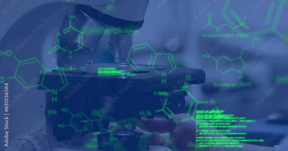 Poster animation of molecular structure and programming language over microscope in laboratory