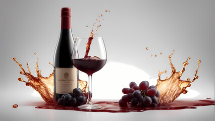Weinflasche und Weinglas. Rotwein, Weintrauben liegen, Fl&uuml;ssigkeit spritzt nach oben. ki generiert