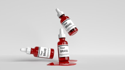 3d render of three red serum bottles floating on a white background.