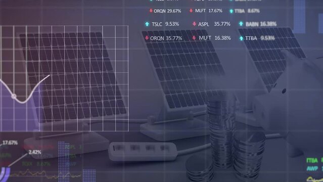 Animation of graphs and trading boards over piggy bank with coins and solar panels