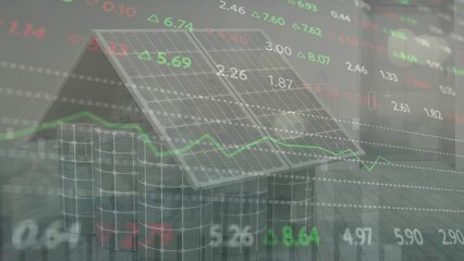 Animation of graphs and trading board over house made of solar panels and batteries - Powered by Adobe