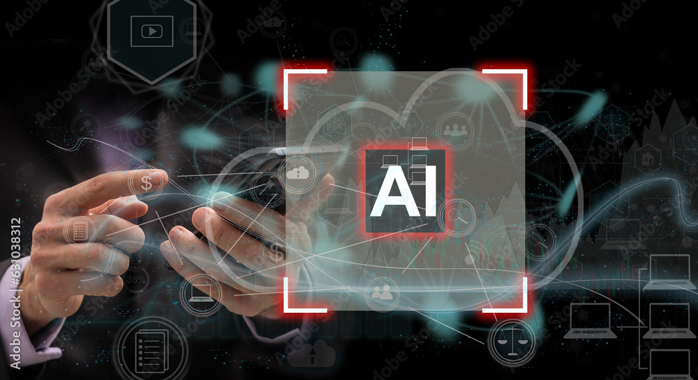 Poster ai artificial intelligence. future technological changes future world connection code development to