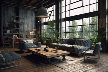 Interior design of Living Room in Industrial style with Large Windows decorated with Concrete. generative ai