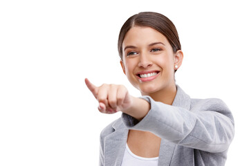 Employee, pointing and woman with a smile, opportunity and business owner isolated on transparent...