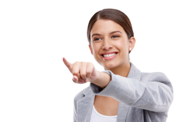 Employee, pointing and woman with a smile, opportunity and business owner isolated on transparent background. Happy, entrepreneur and consultant with showing gesture, png and announcement with choice