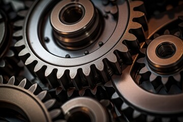 Metal gear sprockets in well used machine, closeup still life with beautiful textures and shape. Detail gear wheel.