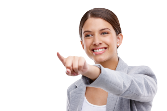 Employee, pointing and woman with a smile, opportunity and business owner isolated on transparent background. Happy, entrepreneur and consultant with showing gesture, png and announcement with choice