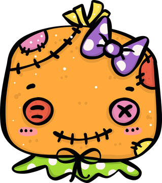 Cute Playful Halloween doll Costume Kid Doodle. Adorable Spooky Character outline.
