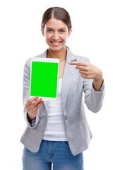 Woman pointing, tablet and green screen presentation in university, college or e learning marketing. Person or student on digital education mockup and portrait isolated on transparent png background