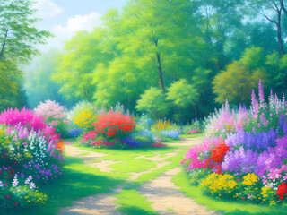Beautiful flowering garden. Landscape design. Oil painting in a realistic style.