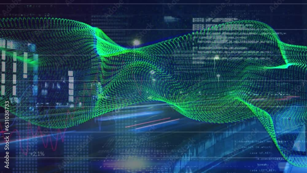 Poster animation of dynamic waves, binary codes and computer language, time-lapse of moving vehicles