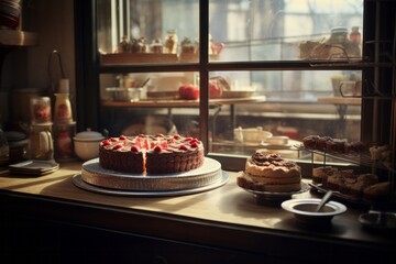 a delicious cake stands in the kitchen by the window. home baking generative ai.