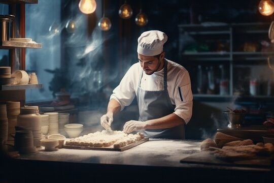 a man prepares a cake in a pastry shop. . generative ai.