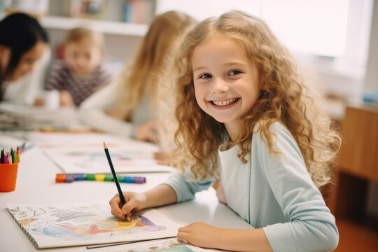 Excited little girl learns to draw with a colour pencil in an art class - Generative AI