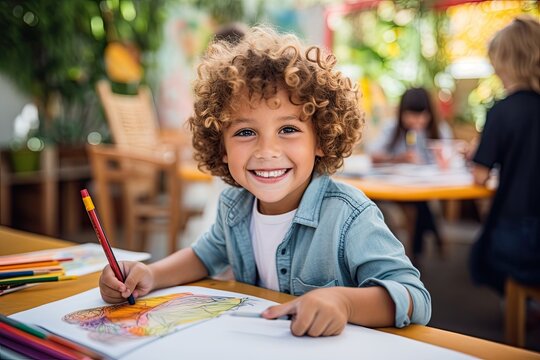 Excited little girl learns to draw with a colour pencil in an art class - Generative AI