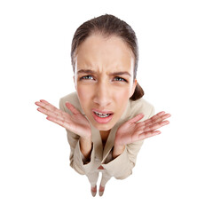 Confused, portrait and business woman in doubt in top view isolated on a transparent png...