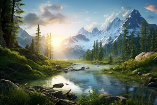 mountain stream near the forest on the background of the mountains. landscape of nature. generative ai.