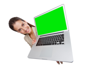 Portrait of woman with laptop, green screen and isolated on transparent png background with high angle website info mockup. Internet, online promotion and happy model with computer, smile and space.