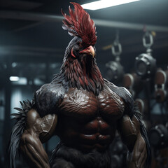 Muscular Rooster flexing its feathers at the gym
