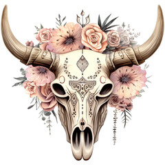  Watercolor boho bull skull with flowers in beige-pink isolated on transparent background. Generative AI