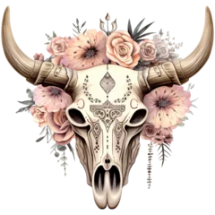 Deurstickers Aquarel doodshoofd  Watercolor boho bull skull with flowers in beige-pink isolated on transparent background. Generative AI