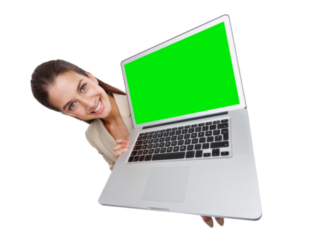 Portrait of woman with laptop, green screen and isolated on transparent png background with high angle website info mockup. Internet, online promotion and happy model with computer, smile and space.