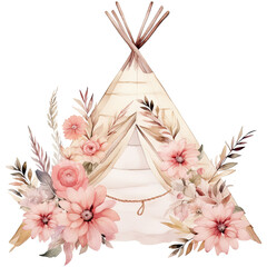 Watercolor boho wigwam with beige-pink flowers  isolated on transparent background. Generative AI