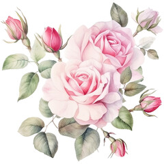 Watercolor illustration shabby chic pastel pink rose isolated on transparent background. Generative AI