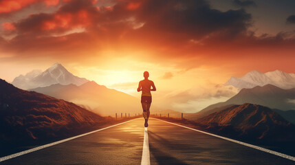 Runner are running on road and mountain sunset background