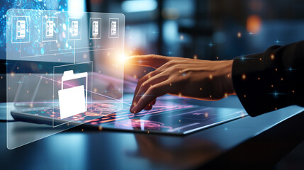 Hand using computer document management technology concept, Document management concept, Businessman using computer to document management concept, online documentation database and digital file.