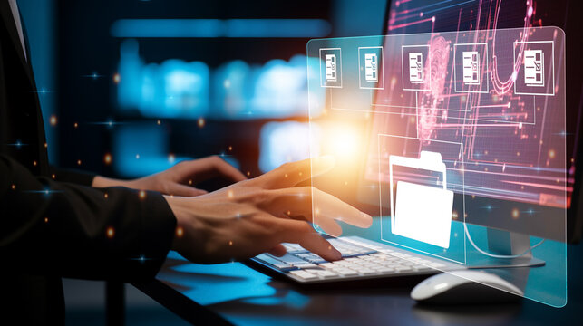 Hand using computer document management technology concept, Document management concept, Businessman using computer to document management concept, online documentation database and digital file.