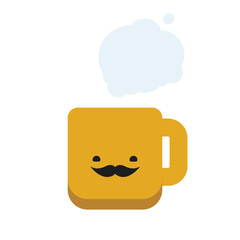 Brown Mug Icon, Object Silhouette, Flat Vector Design Element with Smiling Face and Mustache - Graphic Design Illustration Isolated on White Background