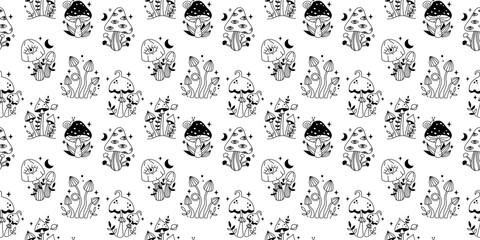 Vector seamless pattern with magic mushrooms. Outline fairytale mushrooms and stars. Witchy esoteric seamless pattern. Black mystic mushrooms and leaves on white background.