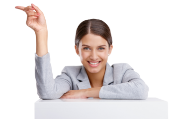 Business, pointing and woman with an offer, portrait and employee isolated on a transparent background. Face, entrepreneur and consultant with gesture, png and opportunity with direction and choice