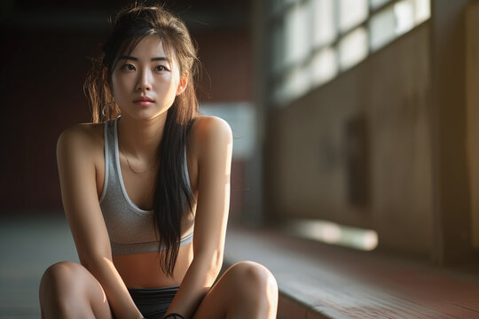 Asian Female runner taking a break after workout