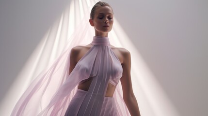 Art of Elegance, Sophisticated Couture Displayed in a Liminal Lavender Space under Dramatic Light, generative ai.	